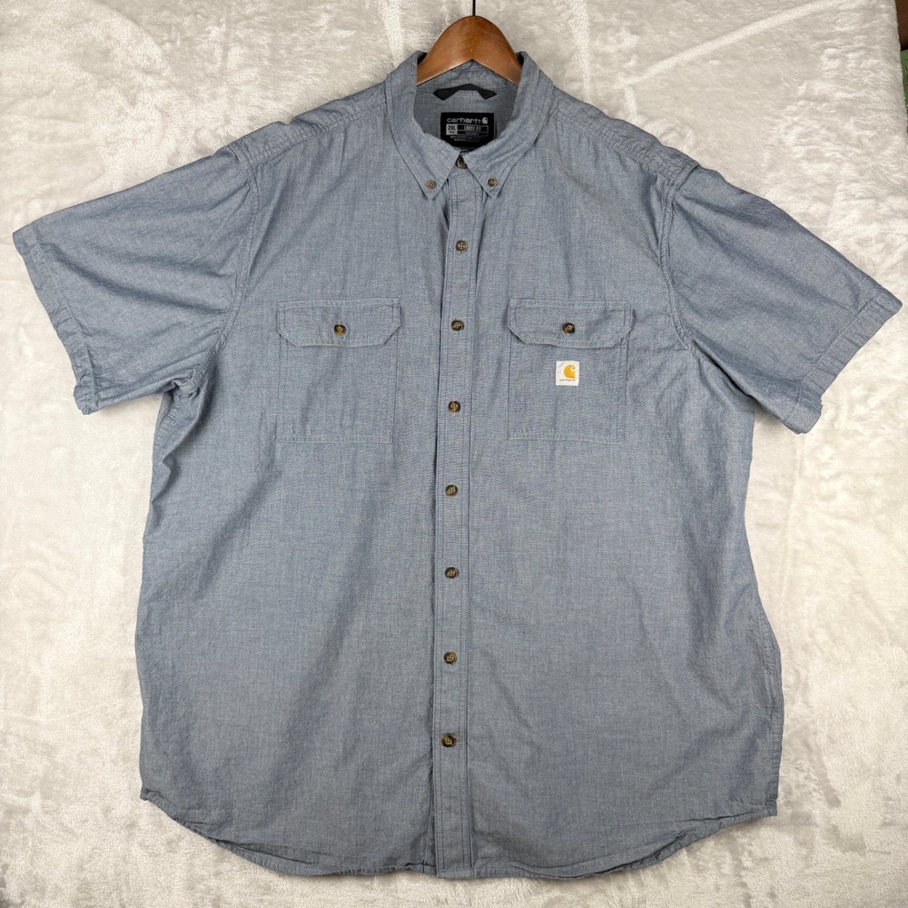 Carhartt Mens 2XL Tall Loose Fit Short Sleeve Button Up Shirt Chambray Blue Work